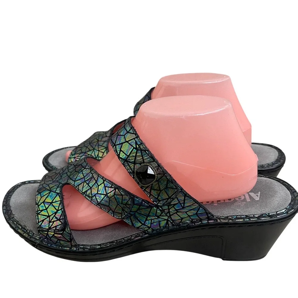 Alegria by PG Lite Womens Holographic Leather Wedge Sandals Black 42 USA 11.5-12